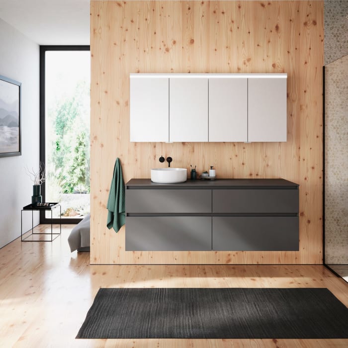 burgbad Lin20 Waschtischunterschrank mit Konsolenplatte 160 cm, 4 Auszüge, Beckenausschnitt links