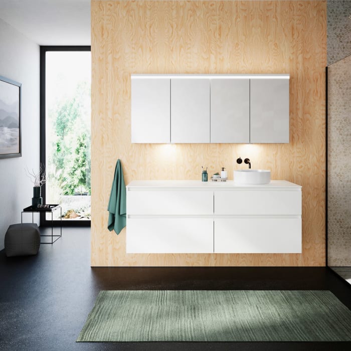 burgbad Lin20 Waschtischunterschrank mit Konsolenplatte 160 cm, 4 Auszüge, Beckenausschnitt rechts