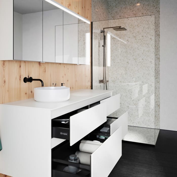 burgbad Lin20 Waschtischunterschrank mit Konsolenplatte 160 cm, 4 Auszüge, Beckenausschnitt links