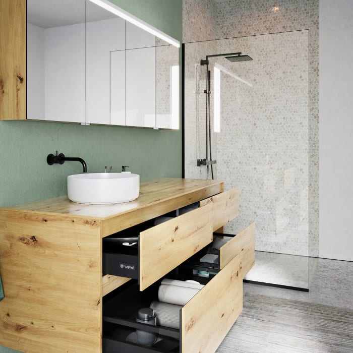 burgbad Lin20 Waschtischunterschrank mit Konsolenplatte 160 cm, 4 Auszüge, Beckenausschnitt links