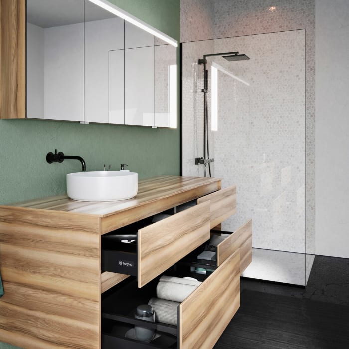 burgbad Lin20 Waschtischunterschrank mit Konsolenplatte 160 cm, 4 Auszüge, Beckenausschnitt links