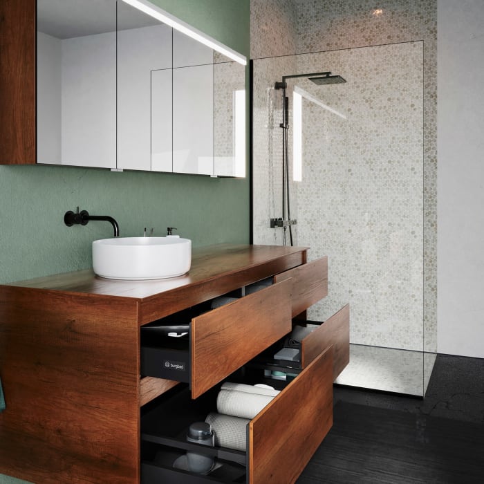 burgbad Lin20 Waschtischunterschrank mit Konsolenplatte 160 cm, 4 Auszüge, Beckenausschnitt links