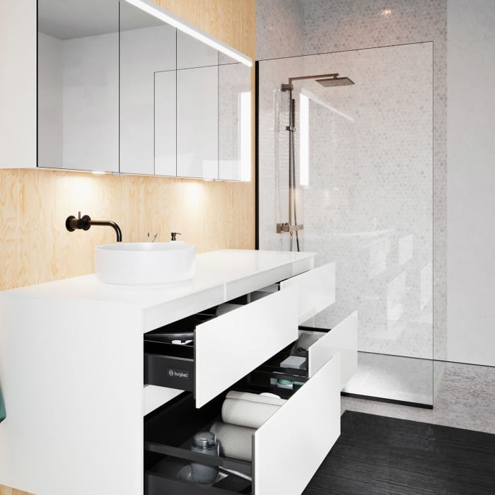 burgbad Lin20 Waschtischunterschrank mit Konsolenplatte 160 cm, 4 Auszüge, Beckenausschnitt links