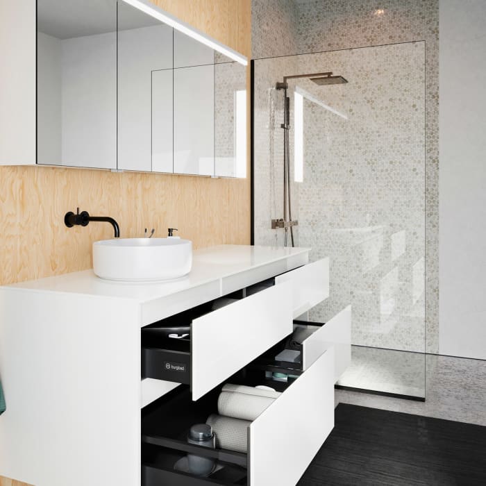 burgbad Lin20 Waschtischunterschrank mit Konsolenplatte 160 cm, 4 Auszüge, Beckenausschnitt links