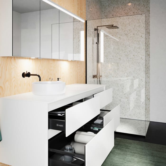 burgbad Lin20 Waschtischunterschrank mit Konsolenplatte 160 cm, 4 Auszüge, Beckenausschnitt links