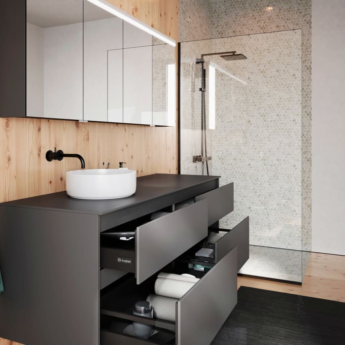 burgbad Lin20 Waschtischunterschrank mit Konsolenplatte 160 cm, 4 Auszüge, Beckenausschnitt links