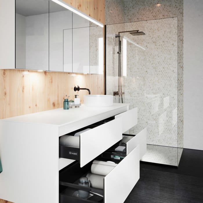 burgbad Lin20 Waschtischunterschrank mit Konsolenplatte 160 cm, 4 Auszüge, Beckenausschnitt rechts