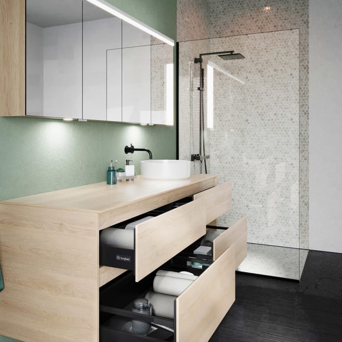 burgbad Lin20 Waschtischunterschrank mit Konsolenplatte 160 cm, 4 Auszüge, Beckenausschnitt rechts