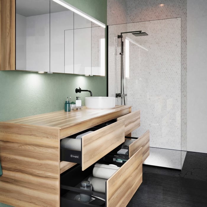 burgbad Lin20 Waschtischunterschrank mit Konsolenplatte 160 cm, 4 Auszüge, Beckenausschnitt rechts