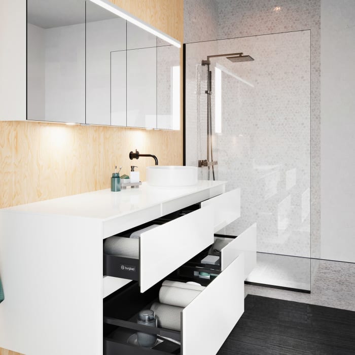 burgbad Lin20 Waschtischunterschrank mit Konsolenplatte 160 cm, 4 Auszüge, Beckenausschnitt rechts