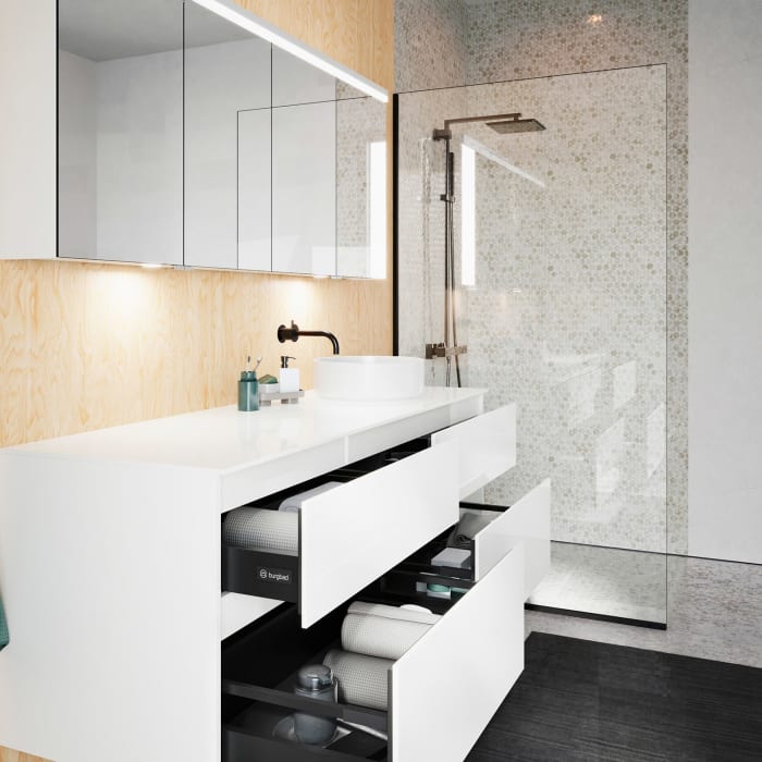 burgbad Lin20 Waschtischunterschrank mit Konsolenplatte 160 cm, 4 Auszüge, Beckenausschnitt rechts