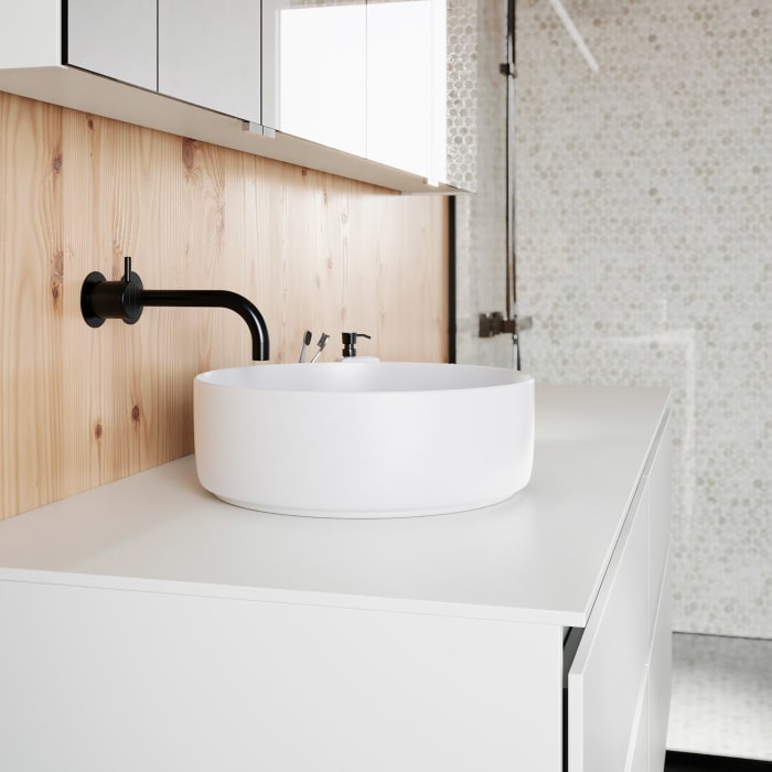 burgbad Lin20 Waschtischunterschrank mit Konsolenplatte 160 cm, 4 Auszüge, Beckenausschnitt links