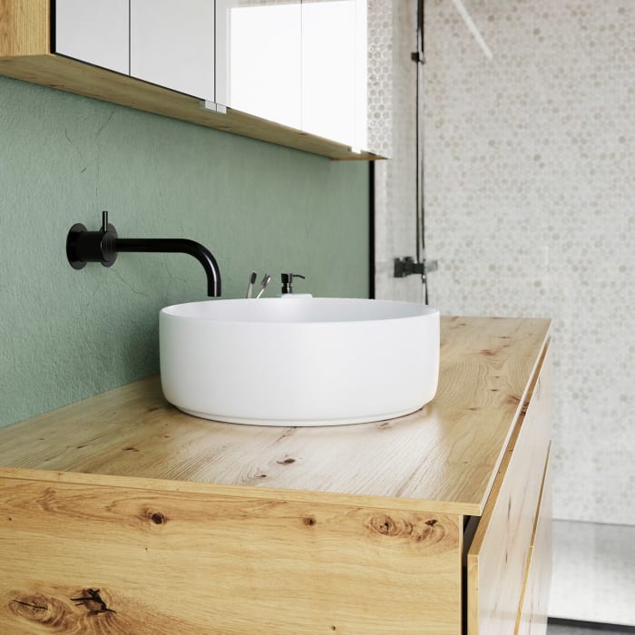 burgbad Lin20 Waschtischunterschrank mit Konsolenplatte 160 cm, 4 Auszüge, Beckenausschnitt links