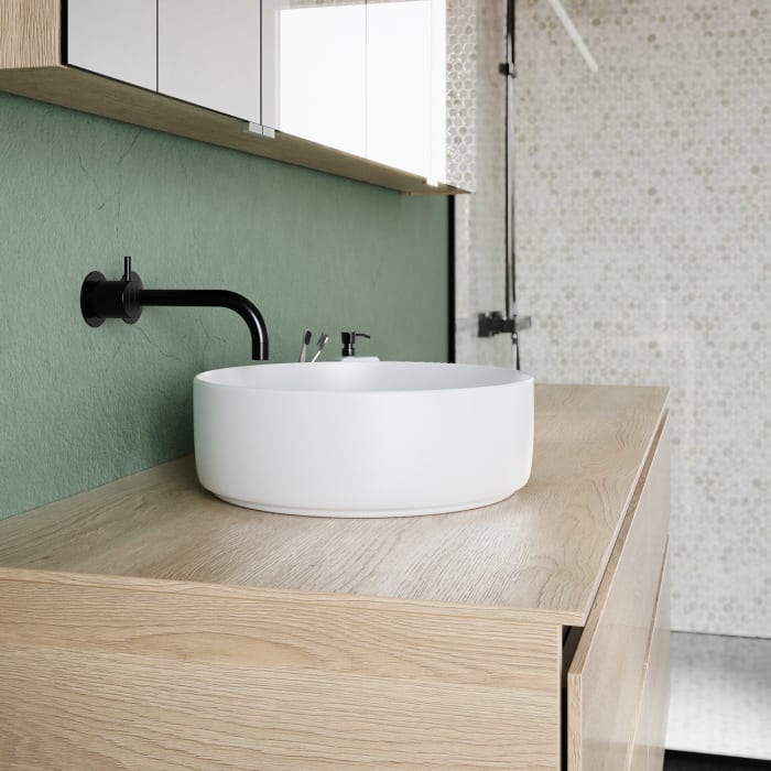 burgbad Lin20 Waschtischunterschrank mit Konsolenplatte 160 cm, 4 Auszüge, Beckenausschnitt links