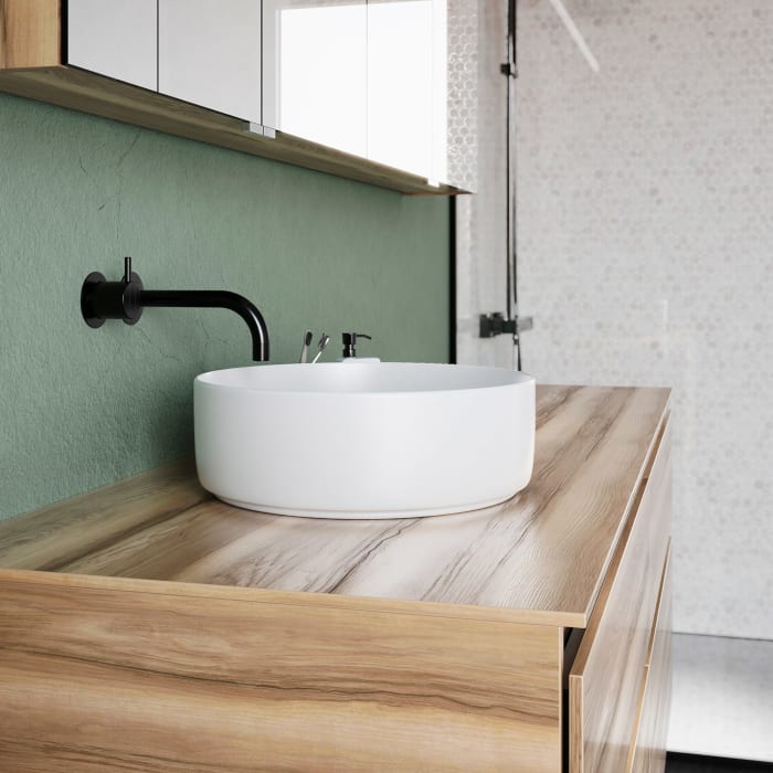 burgbad Lin20 Waschtischunterschrank mit Konsolenplatte 160 cm, 4 Auszüge, Beckenausschnitt links