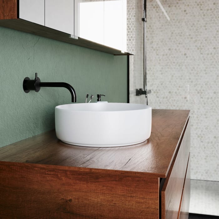 burgbad Lin20 Waschtischunterschrank mit Konsolenplatte 160 cm, 4 Auszüge, Beckenausschnitt links