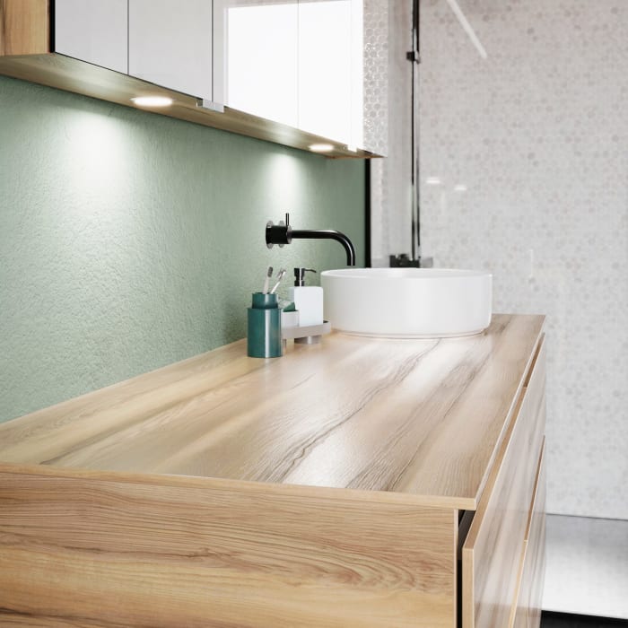 burgbad Lin20 Waschtischunterschrank mit Konsolenplatte 160 cm, 4 Auszüge, Beckenausschnitt rechts