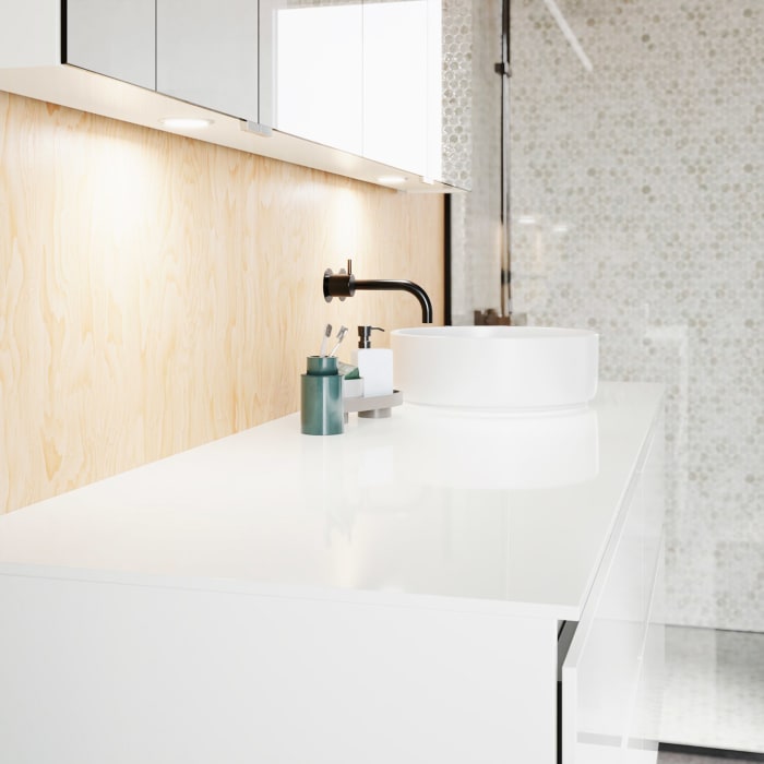 burgbad Lin20 Waschtischunterschrank mit Konsolenplatte 160 cm, 4 Auszüge, Beckenausschnitt rechts