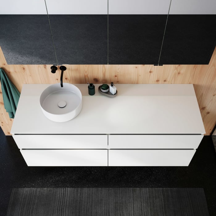 burgbad Lin20 Waschtischunterschrank mit Konsolenplatte 160 cm, 4 Auszüge, Beckenausschnitt links