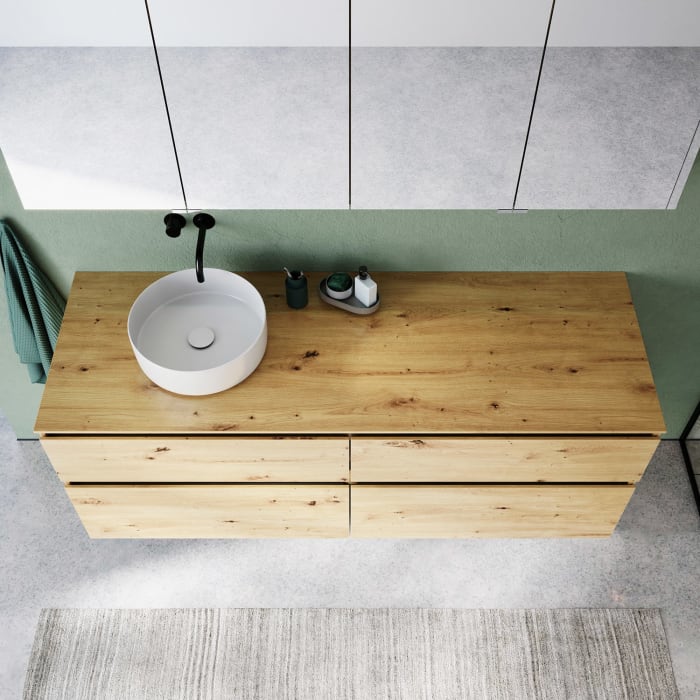 burgbad Lin20 Waschtischunterschrank mit Konsolenplatte 160 cm, 4 Auszüge, Beckenausschnitt links