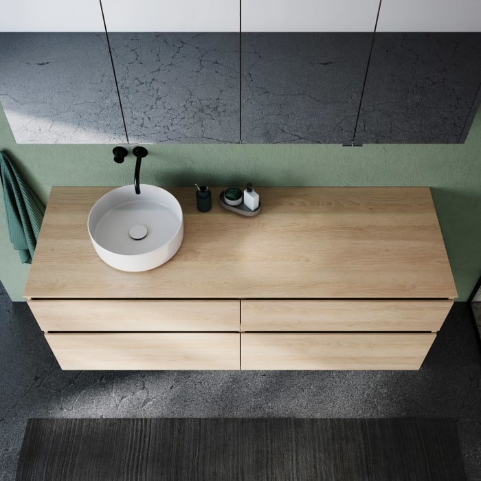 burgbad Lin20 Waschtischunterschrank mit Konsolenplatte 160 cm, 4 Auszüge, Beckenausschnitt links