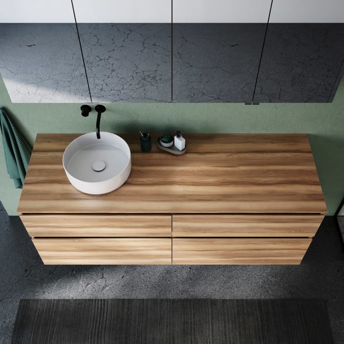 burgbad Lin20 Waschtischunterschrank mit Konsolenplatte 160 cm, 4 Auszüge, Beckenausschnitt links