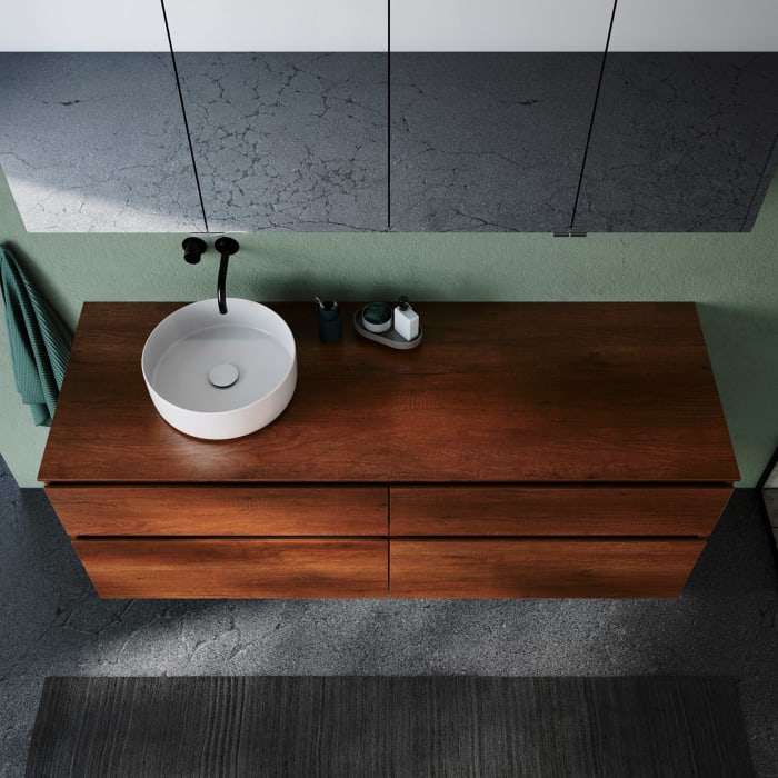 burgbad Lin20 Waschtischunterschrank mit Konsolenplatte 160 cm, 4 Auszüge, Beckenausschnitt links