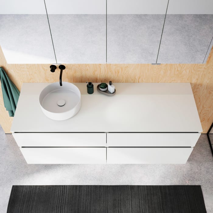 burgbad Lin20 Waschtischunterschrank mit Konsolenplatte 160 cm, 4 Auszüge, Beckenausschnitt links