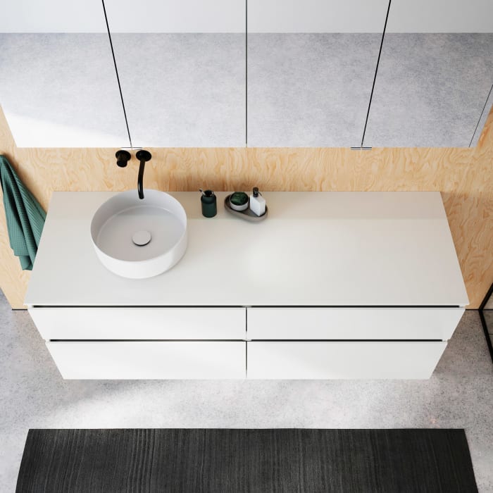 burgbad Lin20 Waschtischunterschrank mit Konsolenplatte 160 cm, 4 Auszüge, Beckenausschnitt links