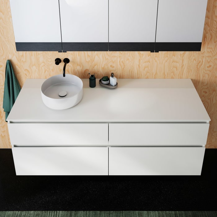 burgbad Lin20 Waschtischunterschrank mit Konsolenplatte 160 cm, 4 Auszüge, Beckenausschnitt links