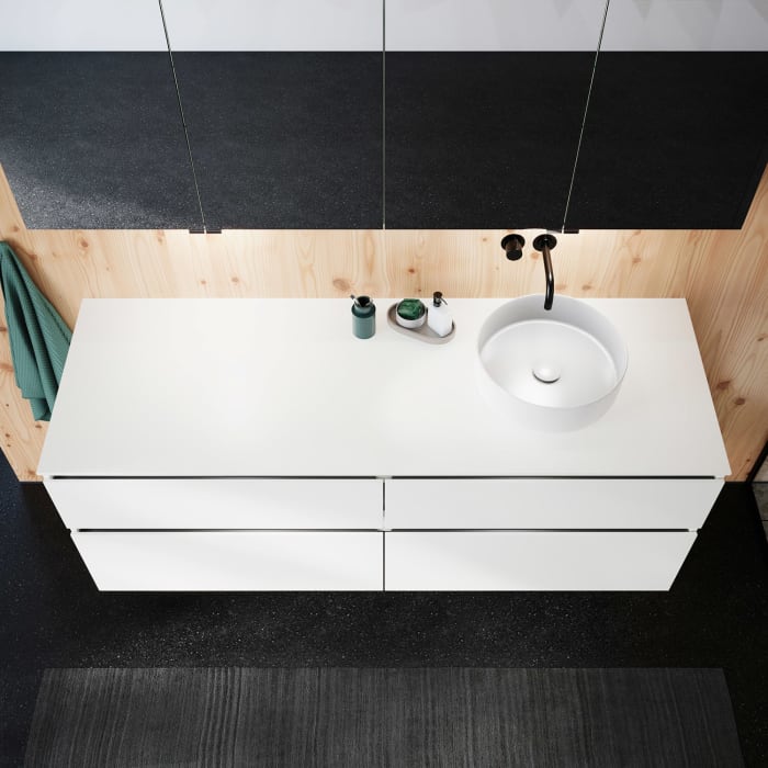 burgbad Lin20 Waschtischunterschrank mit Konsolenplatte 160 cm, 4 Auszüge, Beckenausschnitt rechts