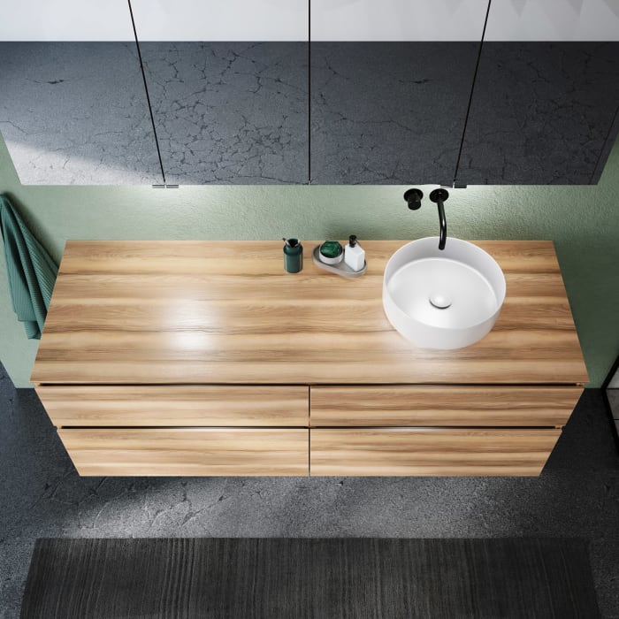 burgbad Lin20 Waschtischunterschrank mit Konsolenplatte 160 cm, 4 Auszüge, Beckenausschnitt rechts