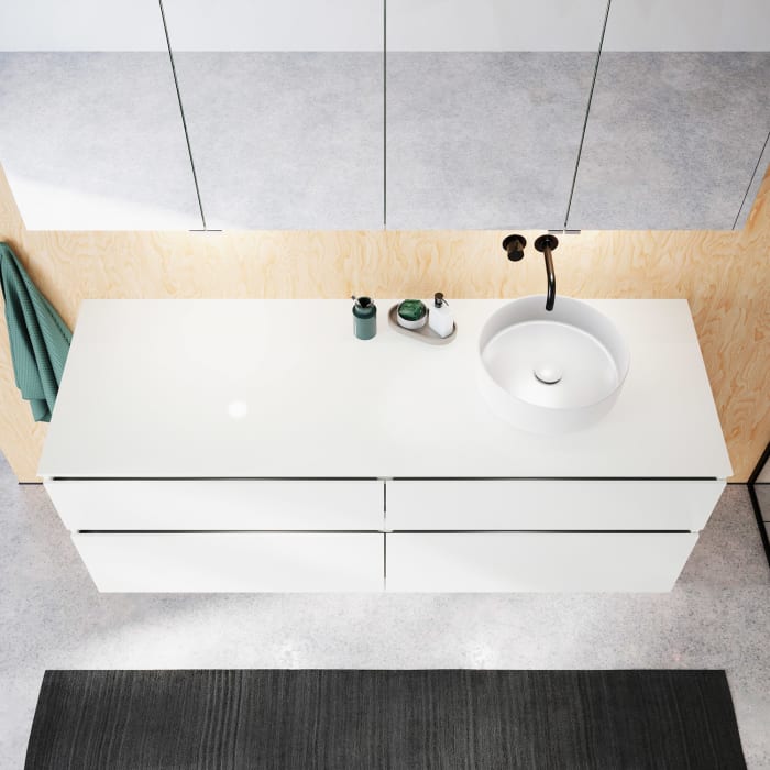 burgbad Lin20 Waschtischunterschrank mit Konsolenplatte 160 cm, 4 Auszüge, Beckenausschnitt rechts