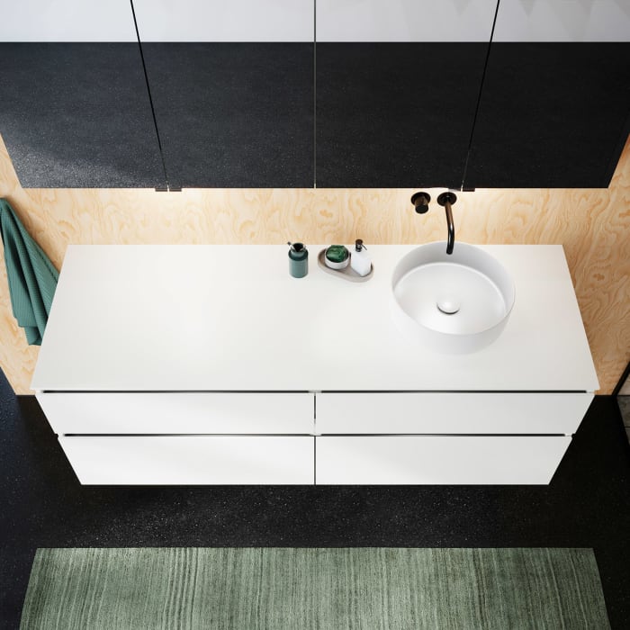 burgbad Lin20 Waschtischunterschrank mit Konsolenplatte 160 cm, 4 Auszüge, Beckenausschnitt rechts