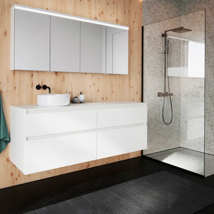 burgbad Lin20 Waschtischunterschrank mit Konsolenplatte 160 cm, 4 Auszüge, Beckenausschnitt links