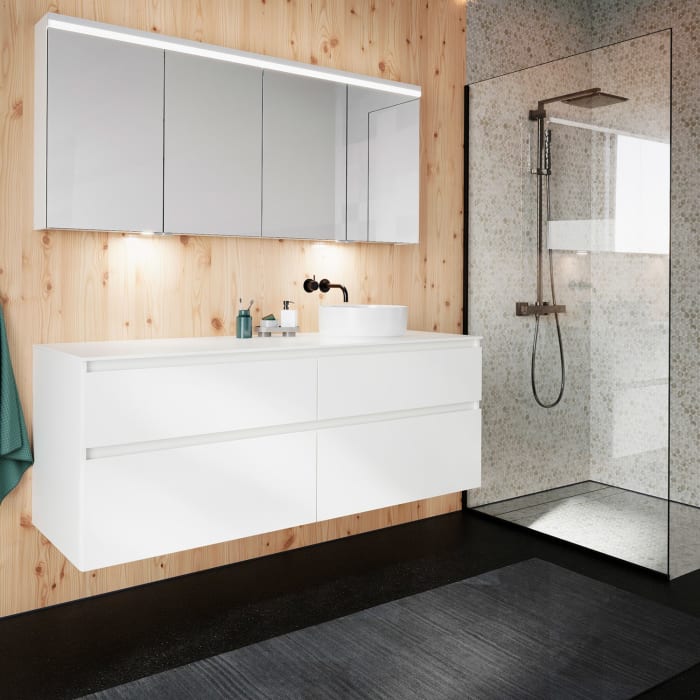 burgbad Lin20 Waschtischunterschrank mit Konsolenplatte 160 cm, 4 Auszüge, Beckenausschnitt rechts