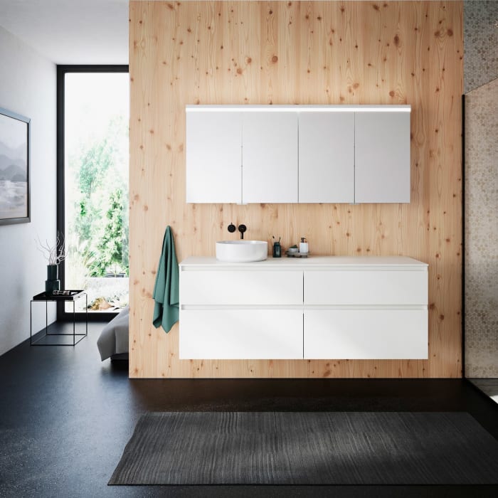 burgbad Lin20 Waschtischunterschrank mit Konsolenplatte 160 cm, 4 Auszüge, Beckenausschnitt links