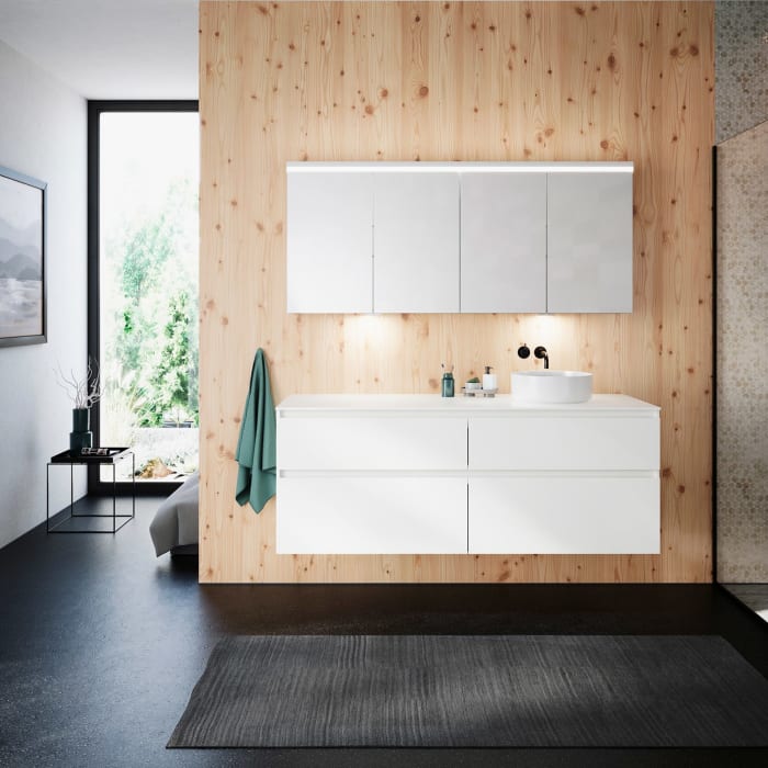 burgbad Lin20 Waschtischunterschrank mit Konsolenplatte 160 cm, 4 Auszüge, Beckenausschnitt rechts