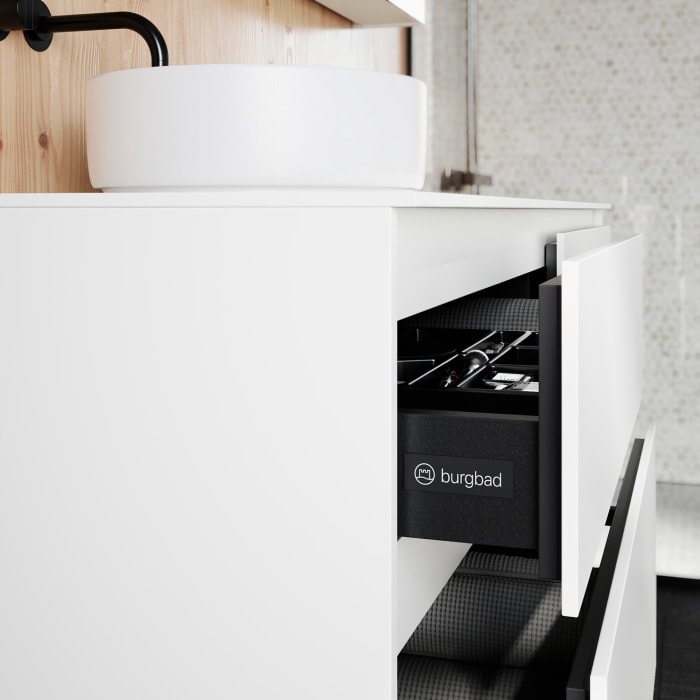 burgbad Lin20 Waschtischunterschrank mit Konsolenplatte 160 cm, 4 Auszüge, Beckenausschnitt links