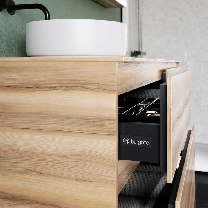 burgbad Lin20 Waschtischunterschrank mit Konsolenplatte 160 cm, 4 Auszüge, Beckenausschnitt links