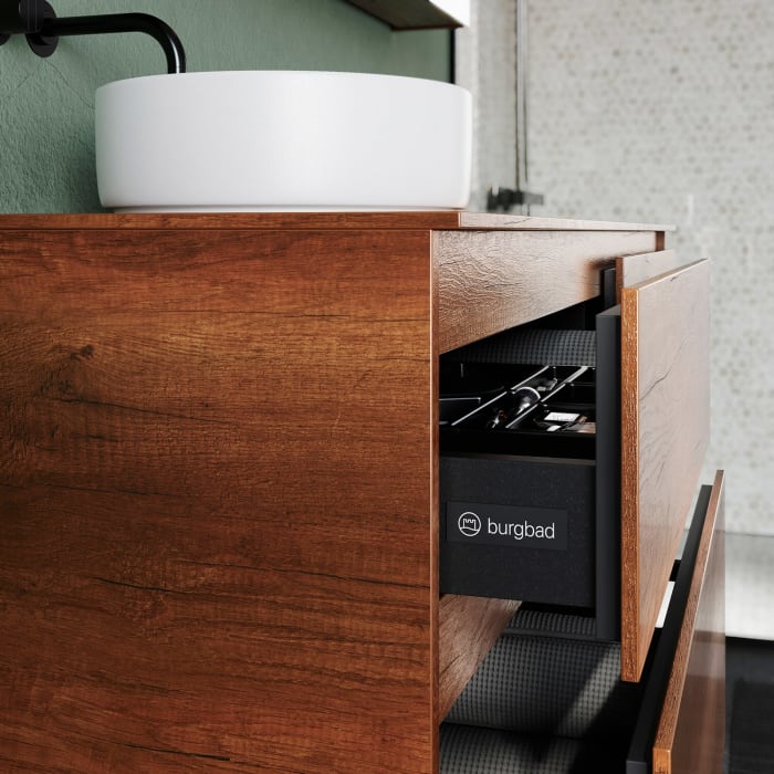 burgbad Lin20 Waschtischunterschrank mit Konsolenplatte 160 cm, 4 Auszüge, Beckenausschnitt links