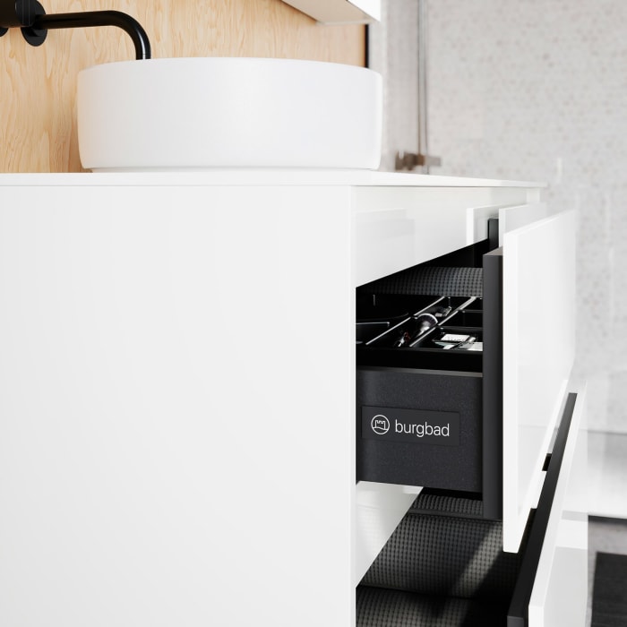 burgbad Lin20 Waschtischunterschrank mit Konsolenplatte 160 cm, 4 Auszüge, Beckenausschnitt links