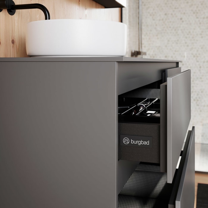 burgbad Lin20 Waschtischunterschrank mit Konsolenplatte 160 cm, 4 Auszüge, Beckenausschnitt links