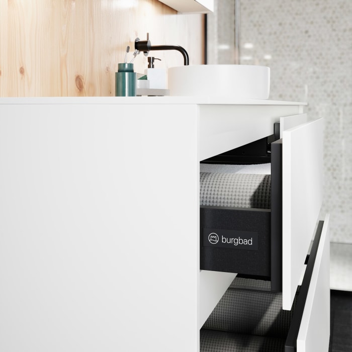 burgbad Lin20 Waschtischunterschrank mit Konsolenplatte 160 cm, 4 Auszüge, Beckenausschnitt rechts