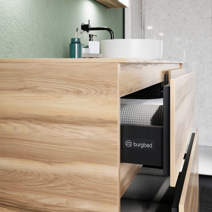 burgbad Lin20 Waschtischunterschrank mit Konsolenplatte 160 cm, 4 Auszüge, Beckenausschnitt rechts
