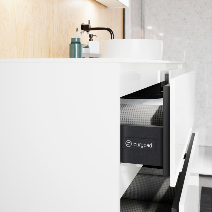 burgbad Lin20 Waschtischunterschrank mit Konsolenplatte 160 cm, 4 Auszüge, Beckenausschnitt rechts