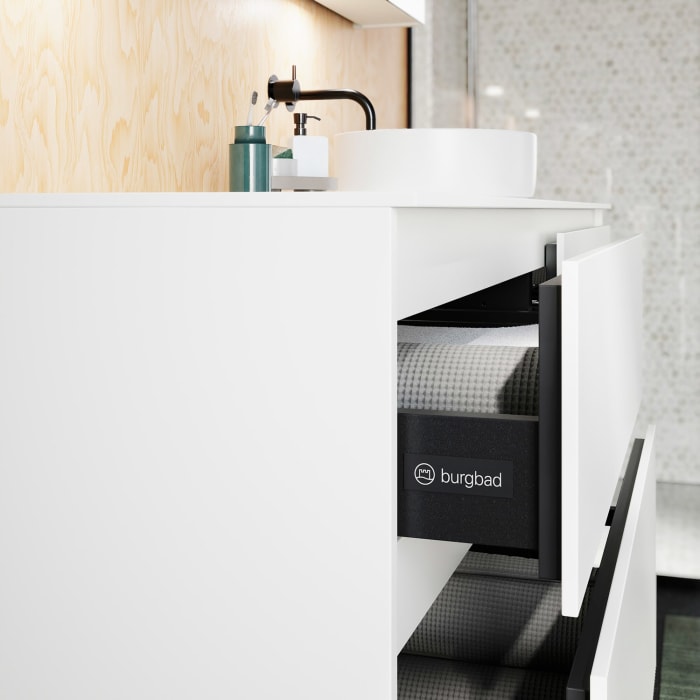 burgbad Lin20 Waschtischunterschrank mit Konsolenplatte 160 cm, 4 Auszüge, Beckenausschnitt rechts