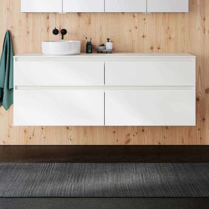 burgbad Lin20 Waschtischunterschrank mit Konsolenplatte 160 cm, 4 Auszüge, Beckenausschnitt links