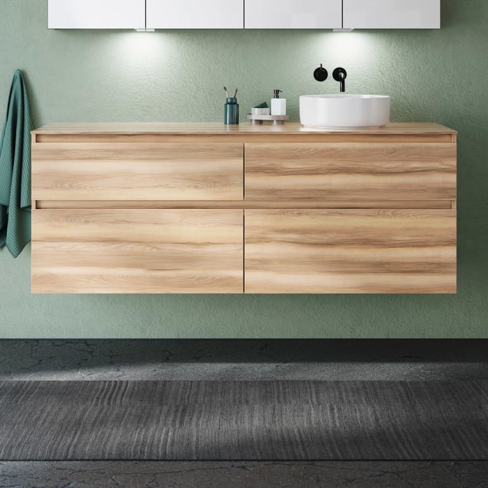 burgbad Lin20 Waschtischunterschrank mit Konsolenplatte 160 cm, 4 Auszüge, Beckenausschnitt rechts