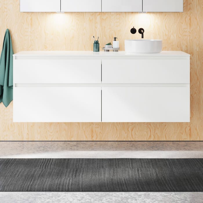 burgbad Lin20 Waschtischunterschrank mit Konsolenplatte 160 cm, 4 Auszüge, Beckenausschnitt rechts